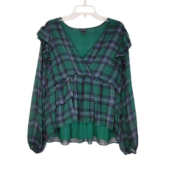 Torrid Chiffon Ruffled Surplice Crop Top Long Sleeve Plaid Green Womens Size 1 - Picture 3 of 8